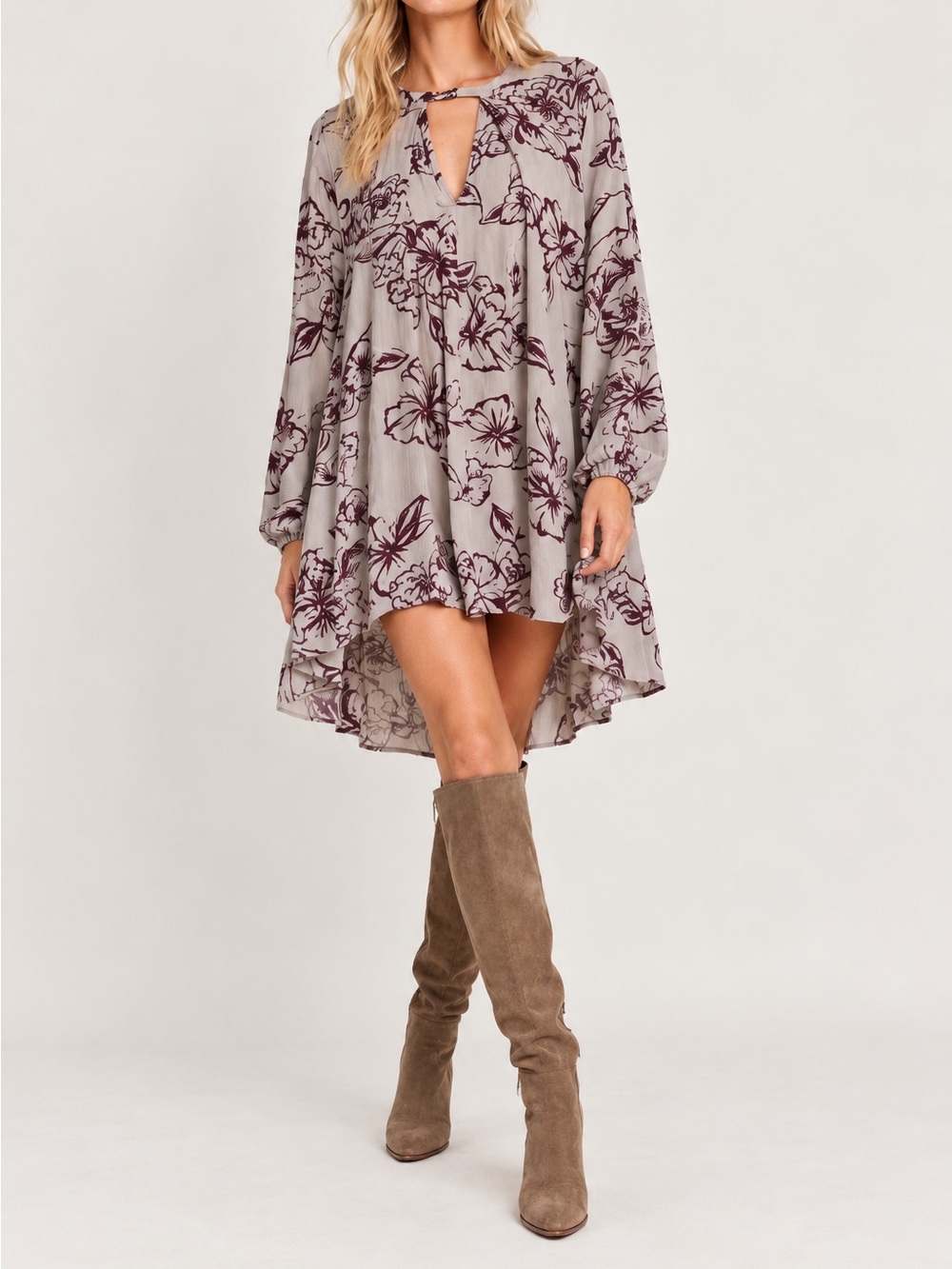 Free People Boho Floral Oversized Tunic Dress Gray Purple Long Sleeve Flowy S